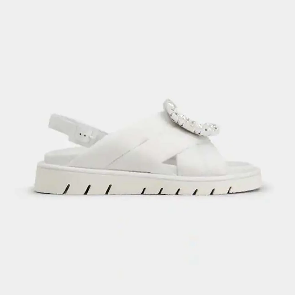 Roger Vivier Viv Winter Strass Buckle Sandals in Technical Fabrics for Women in White Roger Vivier Viv Winter Strass Buckle Sandals in Technical Fabrics for Women in White