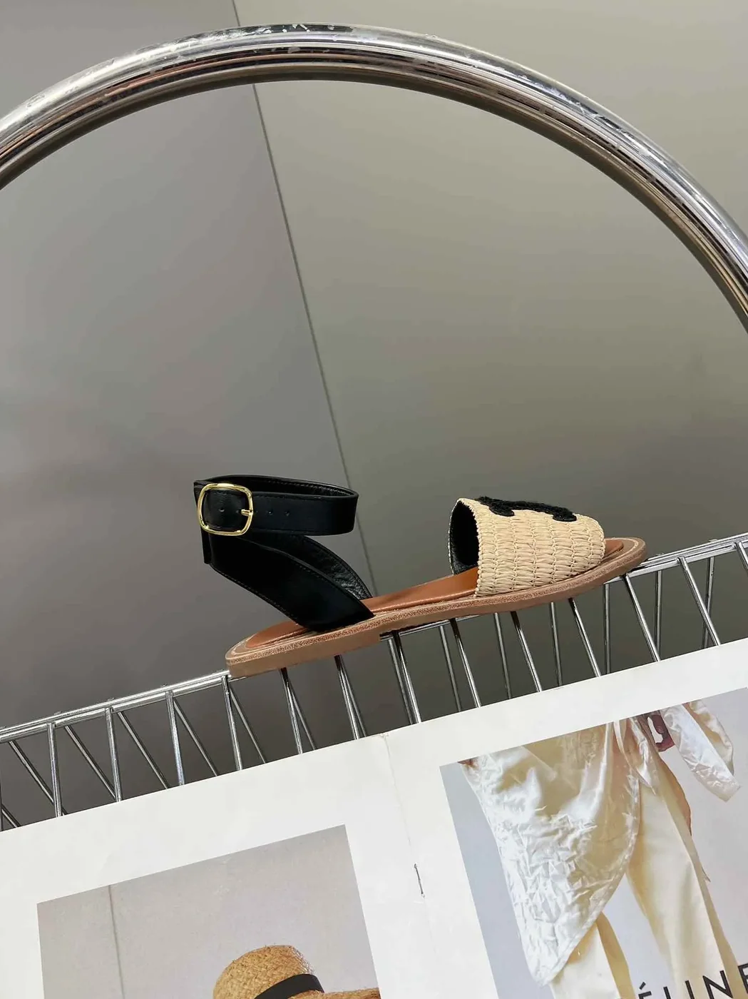 Celine Lympia Flat Strap Sandal In Raffia Black .02BL Celine Lympia Flat Strap Sandal In Raffia Black .02BL