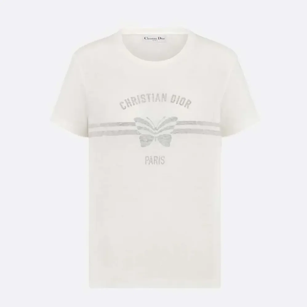 Dior T-Shirt White Cotton and Linen Jersey with Gray Christian Dior Papillon Motif for Women