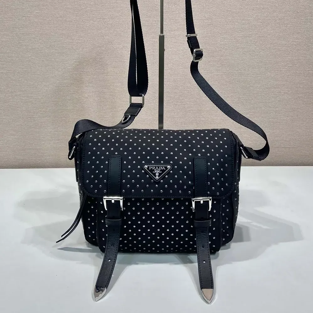 Prada Re-Nylon Shoulder Bag with Studs for Women