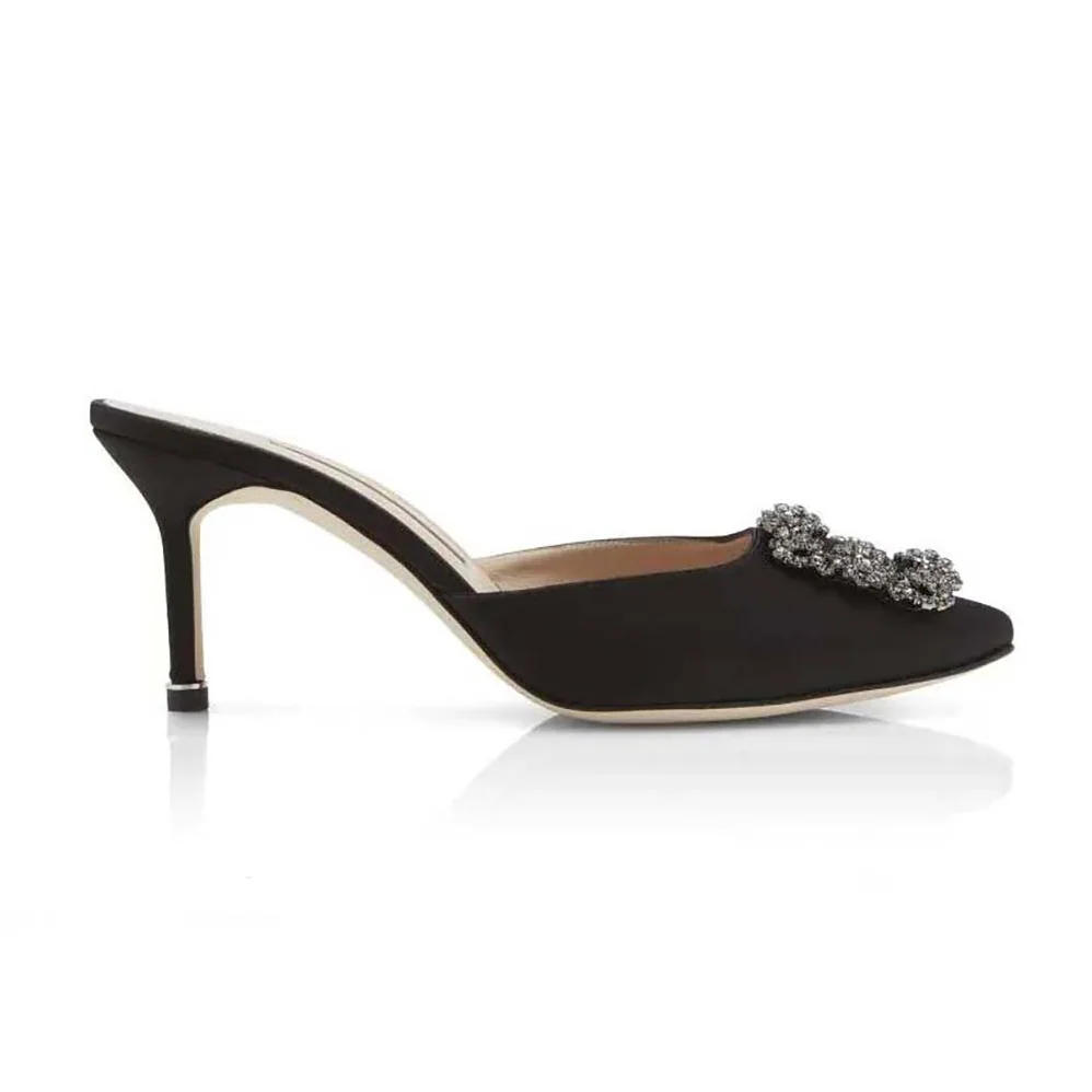 Manolo Blahnik Black Satin Jewel Buckle Mules for Women Manolo Blahnik Black Satin Jewel Buckle Mules for Women