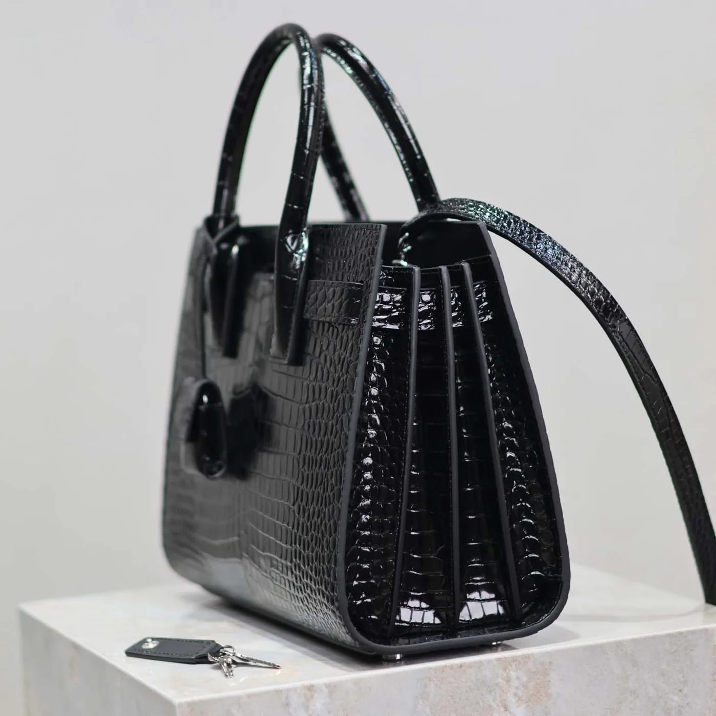 Saint Laurent YSL Sac De Jour in Embossed Crocodile Leather Baby for Women in Black