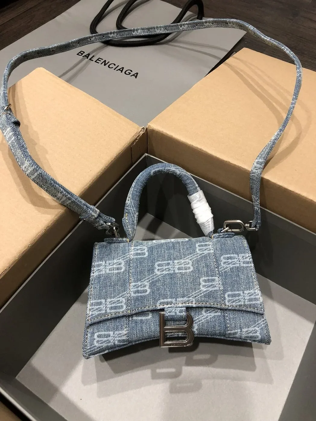 Balenciaga Hourglass XS Handbag Bb Monogram Bleached Denim In Blue /