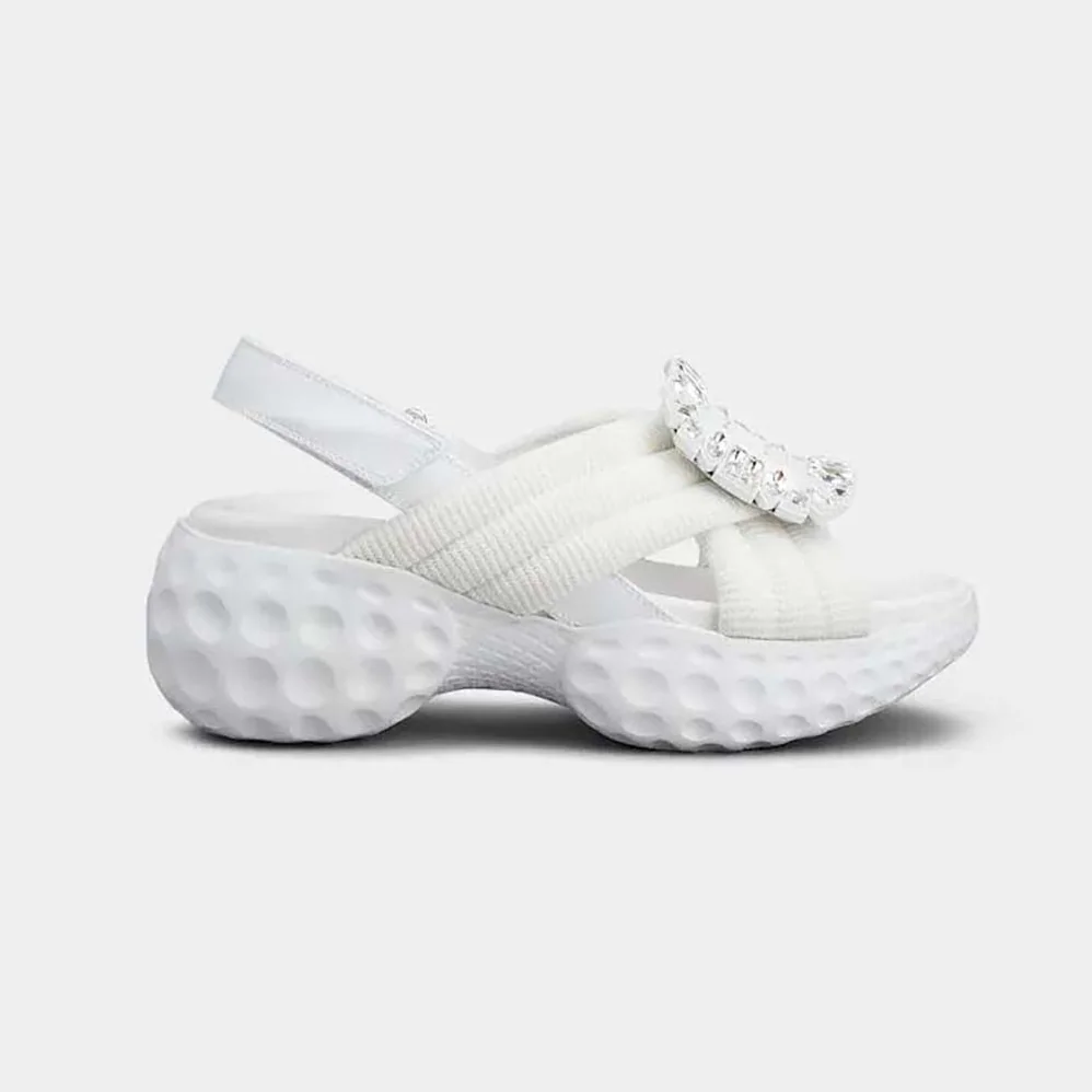 Roger Vivier Viv' Run Light Strass Buckle Sandals in Fabric for Women in White