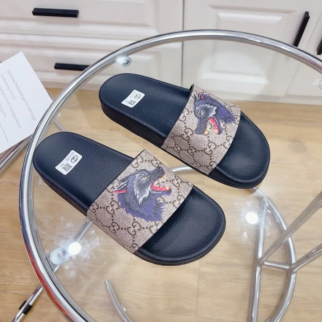 Gucci Gucci Supreme Slides With Wolf Black And Gray for Women Gucci Gucci Supreme Slides With Wolf Black And Gray for Women