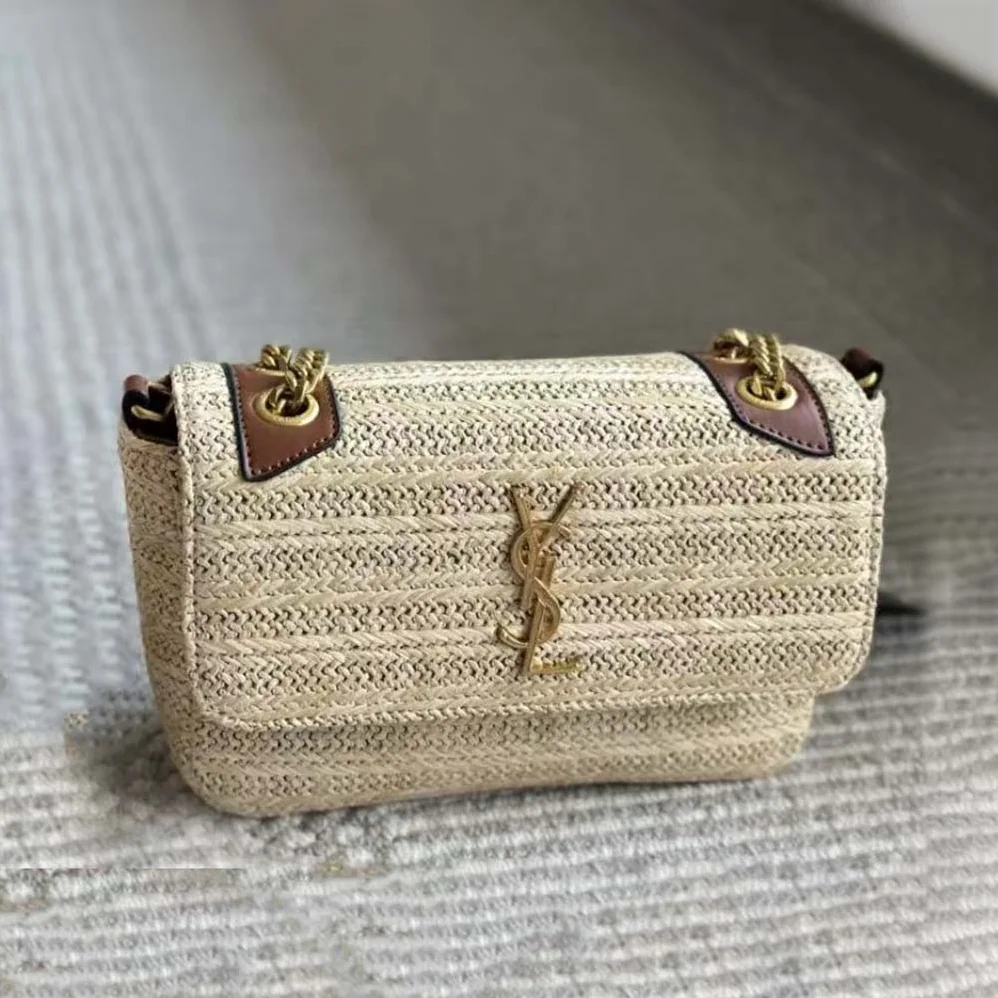 Saint Laurent YSL Niki Small Chain Bag in Raffia and Leather for Women in Natural