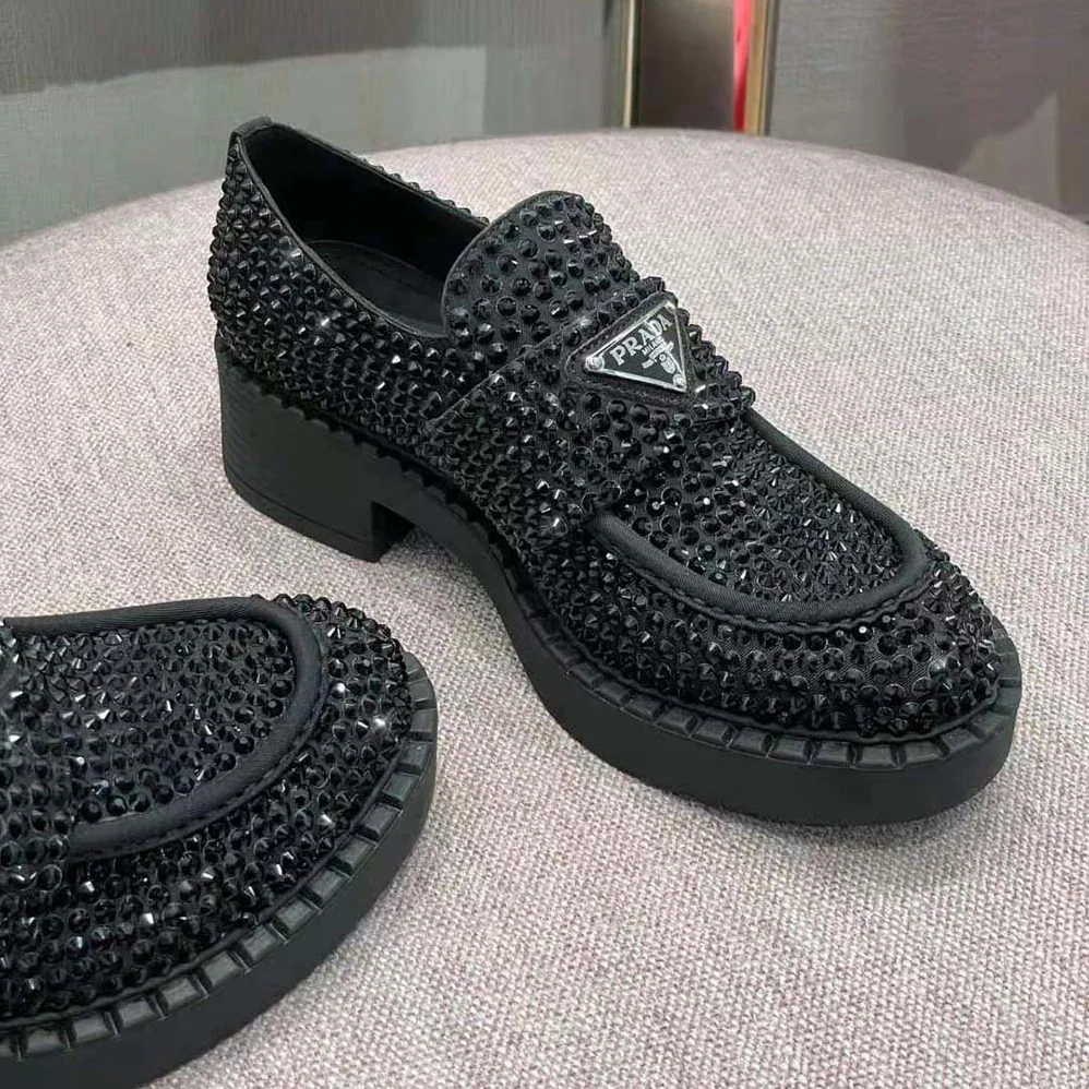 Prada Chocolate Satin Loafers with Crystals for Women in Black Prada Chocolate Satin Loafers with Crystals for Women in Black