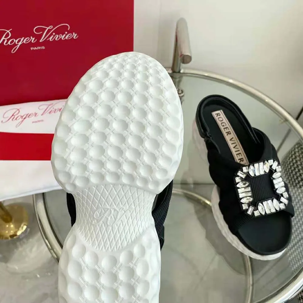 Roger Vivier Viv' Run Light Strass Buckle Sandals in Fabric for Women in Black Roger Vivier Viv' Run Light Strass Buckle Sandals in Fabric for Women in Black