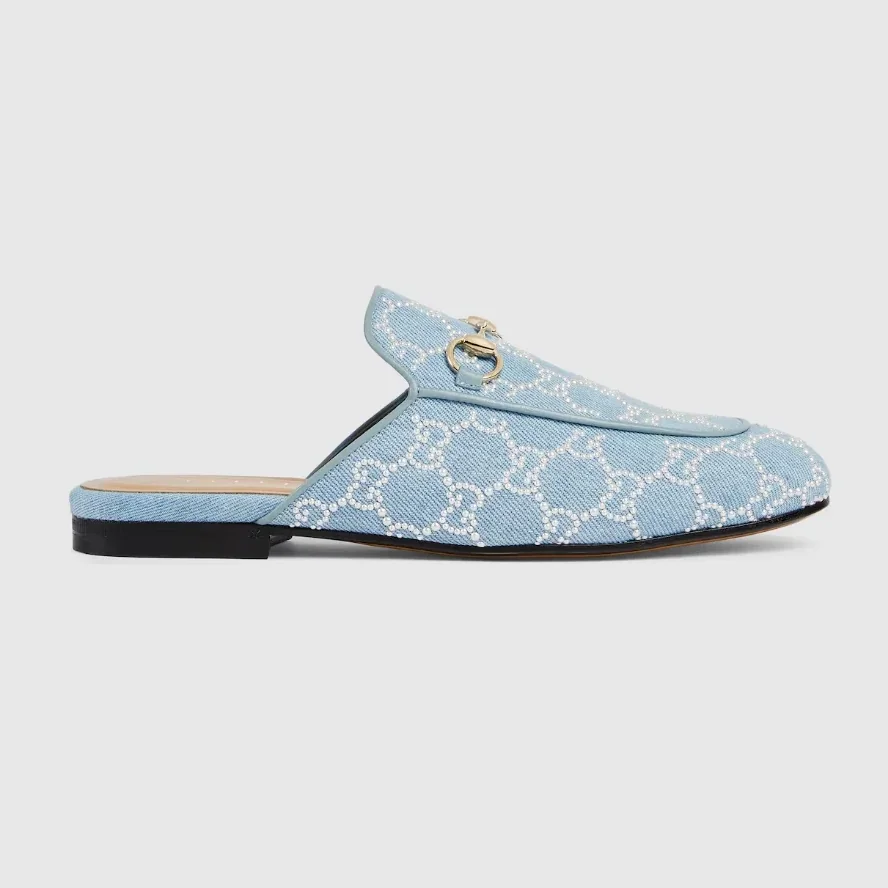 Gucci Princetown With Pearls Slippers Blue Denim Light Gold Hardware ? FAFTM 4963 Gucci Princetown With Pearls Slippers Blue Denim Light Gold Hardware ? FAFTM 4963