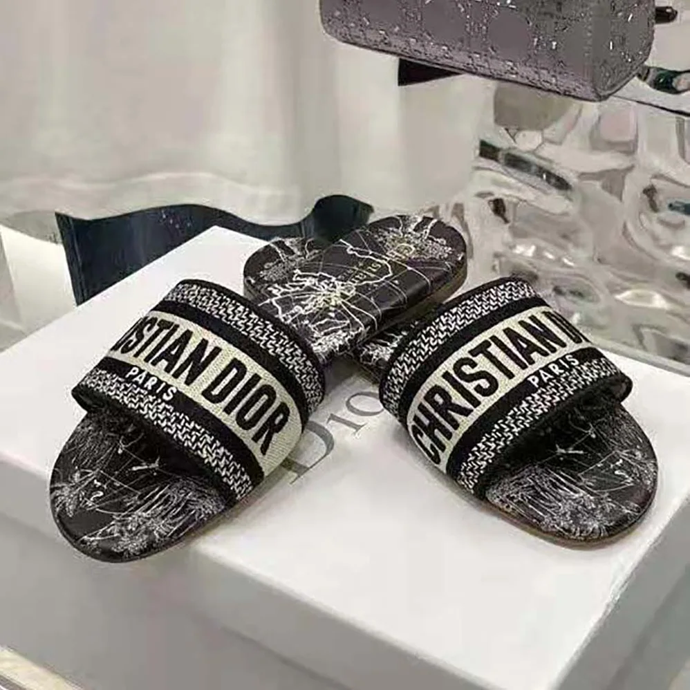 Dior Dway Slide Black Dior Around the World Embroidered Cotton for Women Dior Dway Slide Black Dior Around the World Embroidered Cotton for Women