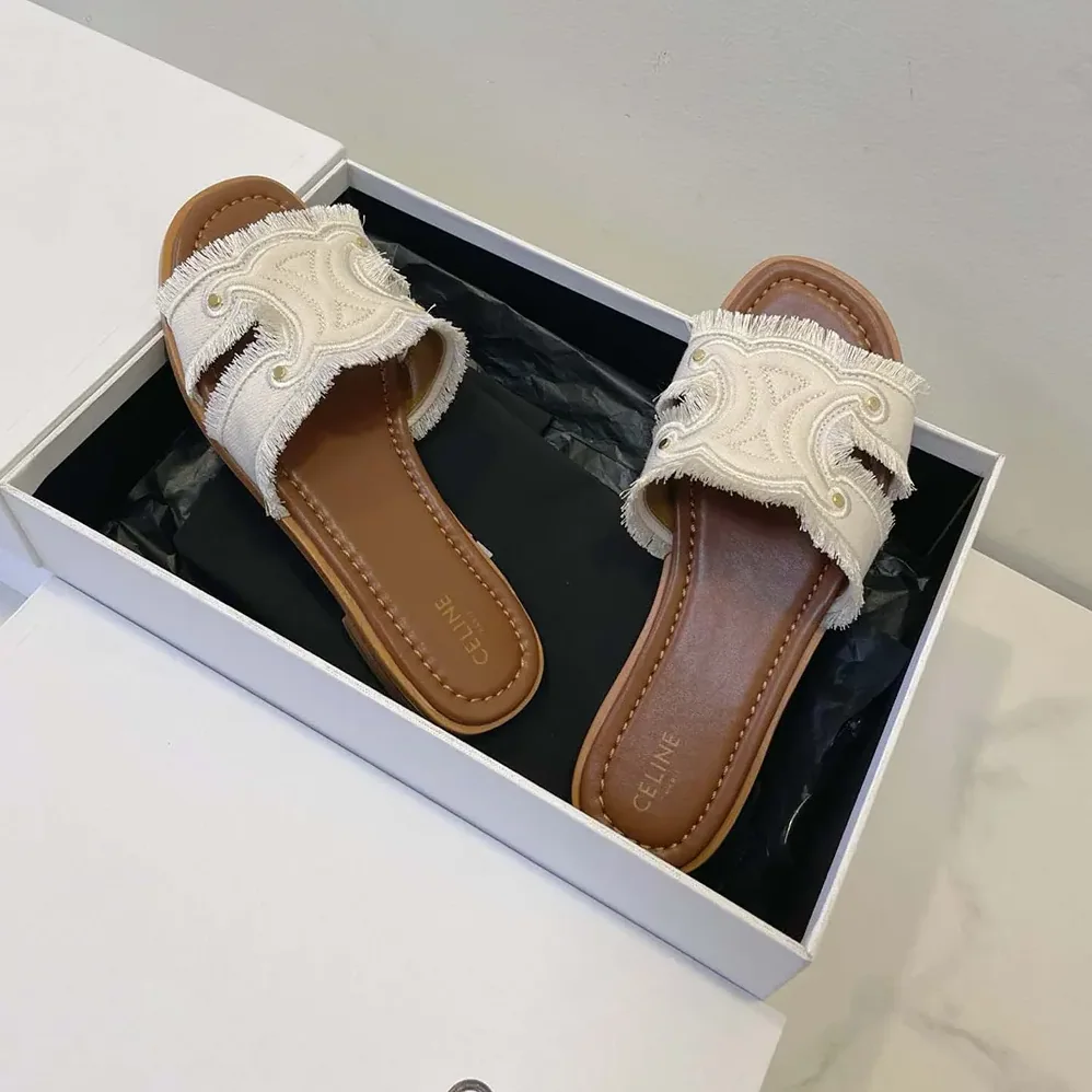 Celine Marina Mule in Fringed Canvas for Women in White