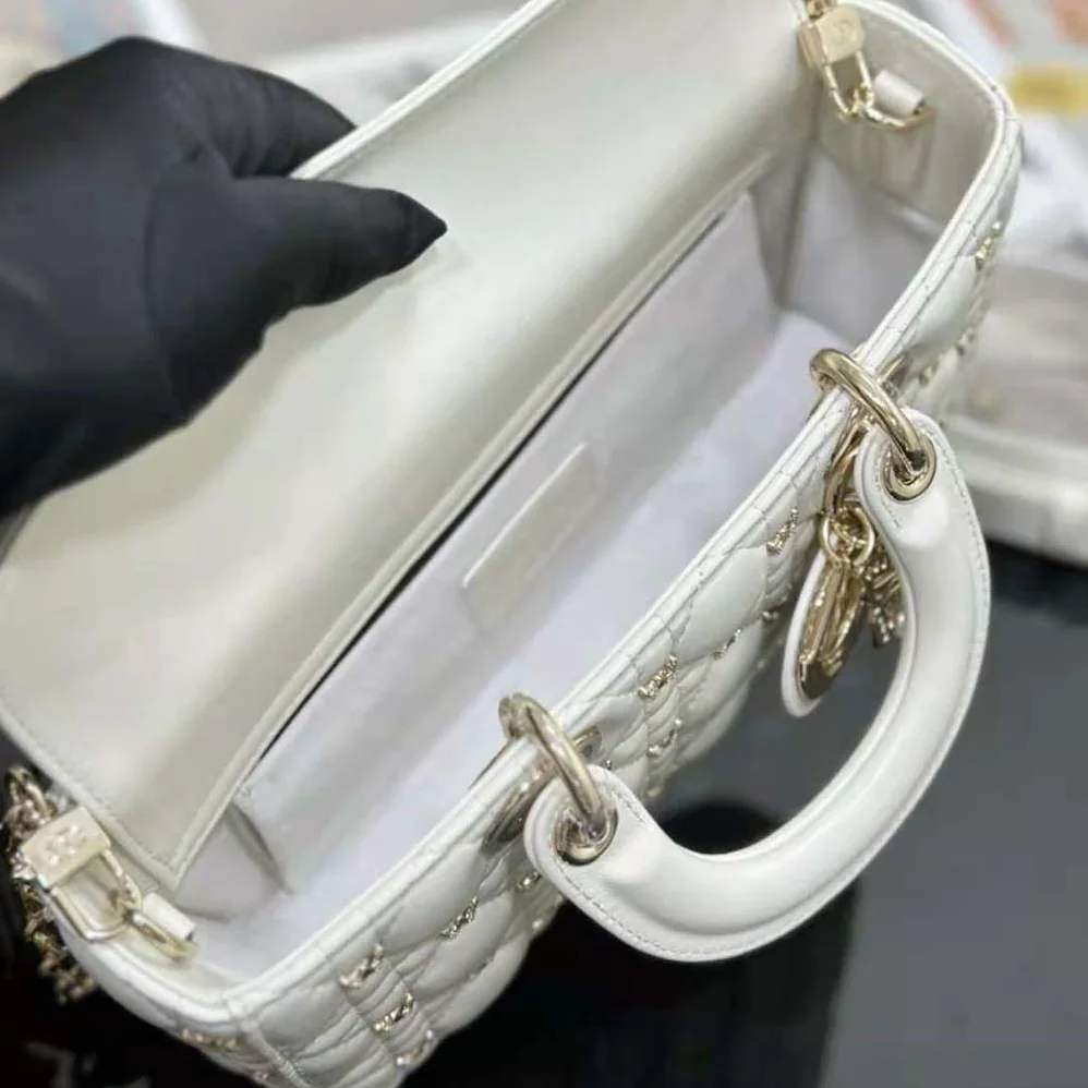 Dior Medium Lady D-joy Bag White Cannage Lambskin with Gold for Women in Finish Butterfly Studs Dior Medium Lady D-joy Bag White Cannage Lambskin with Gold for Women in Finish Butterfly Studs