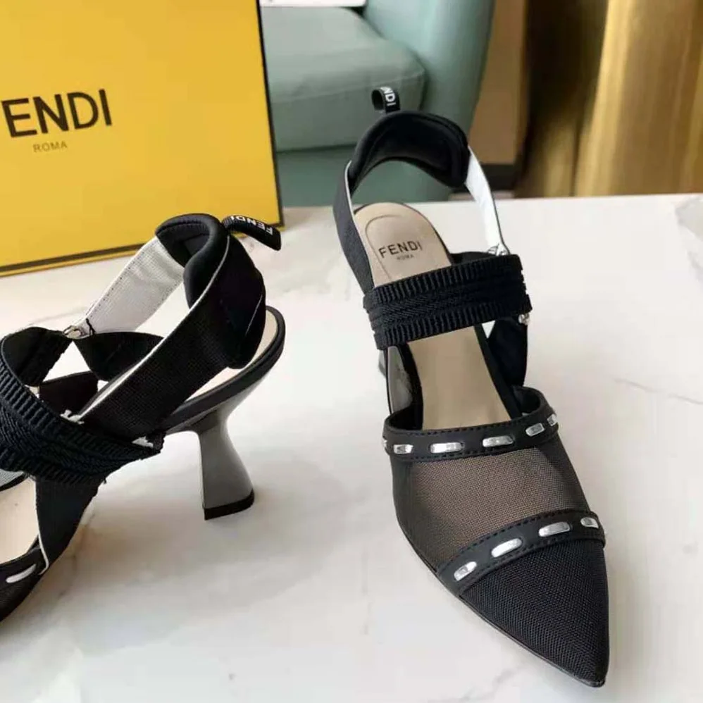 Fendi Colibri Black Mesh High-Heel Slingbacks with Metal Stitches for Women Fendi Colibri Black Mesh High-Heel Slingbacks with Metal Stitches for Women