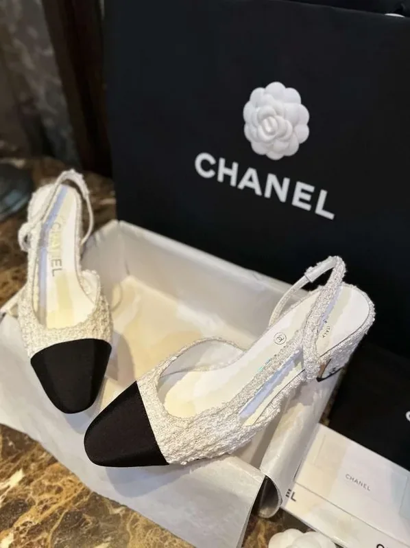 Chanel Sling Back Tweed Pumps White Chanel Sling Back Tweed Pumps White