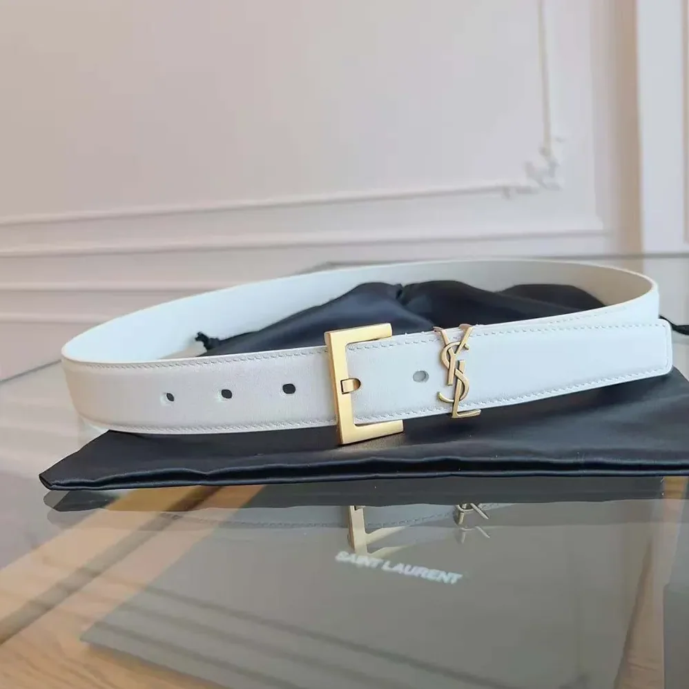Saint Laurent YSL Cassandre Thin Belt with Square Buckle in Lacquered Leather for Women in White Saint Laurent YSL Cassandre Thin Belt with Square Buckle in Lacquered Leather for Women in White
