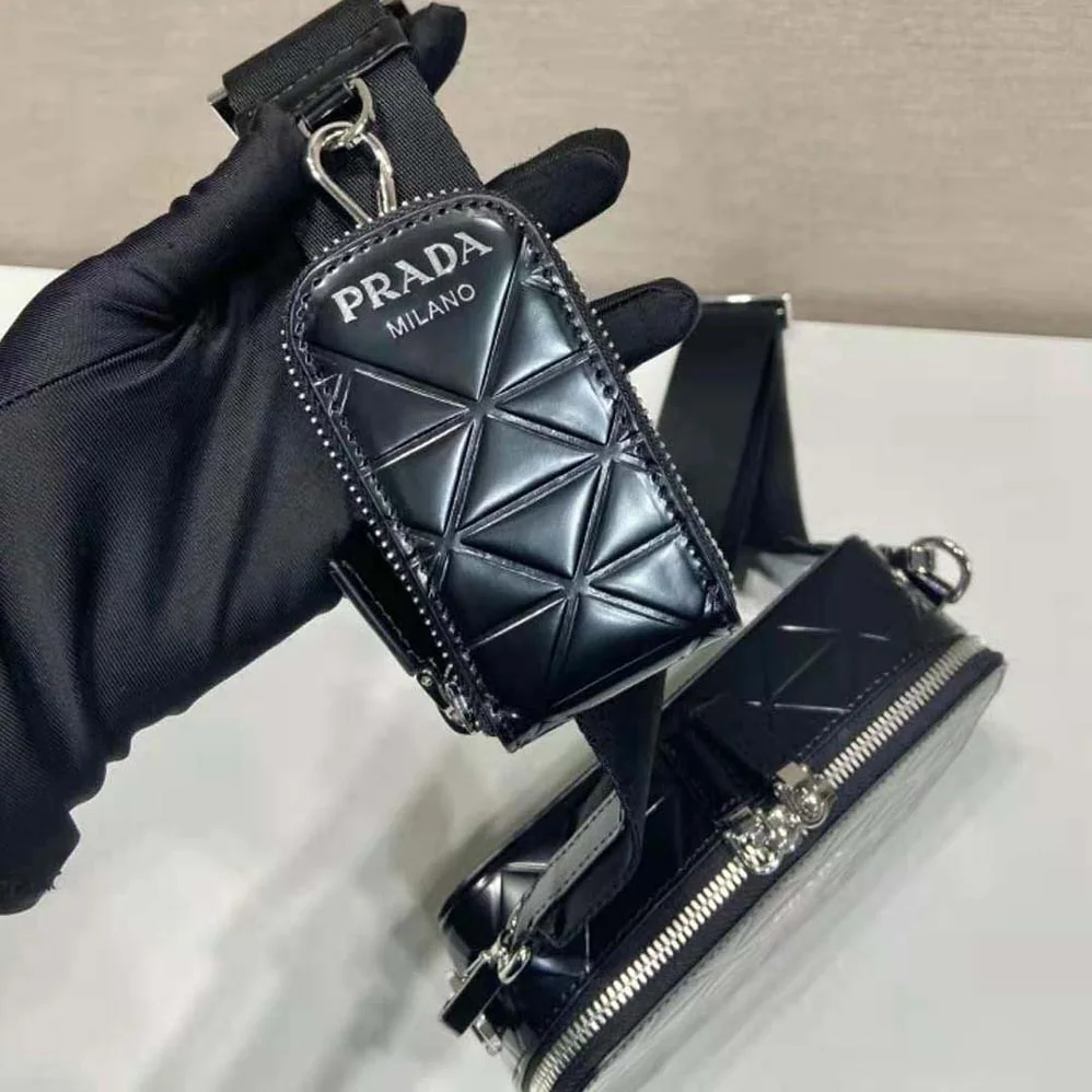 Prada Brique Brushed Leather Bag with Triangle Motif for Men in Black