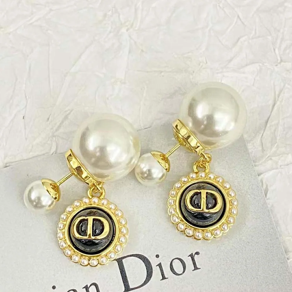 Dior Tribales Earrings Gold-Finish Metal with White Resin Pearls and Black Glass for Women Dior Tribales Earrings Gold-Finish Metal with White Resin Pearls and Black Glass for Women