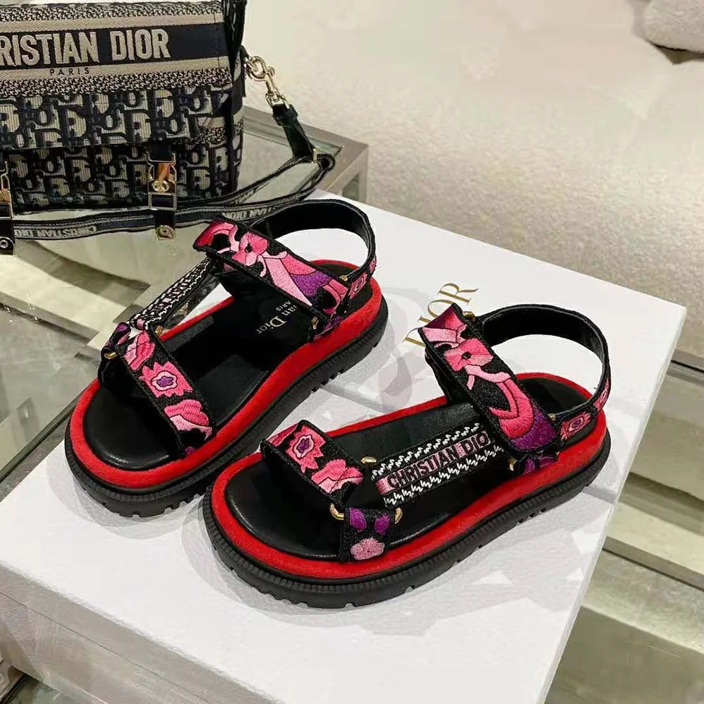 Dior D-wave Sandal Indy Pink Multicolor Cotton with Jardin Indien Embroidery for Women