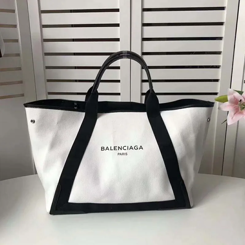 Balenciaga Navy Cabas M Cotton Canvas and Calfskin Tote for Women