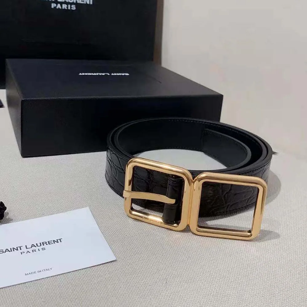 Saint Laurent YSL Double Buckle Belt in Crocodile for Women in embossed Leather