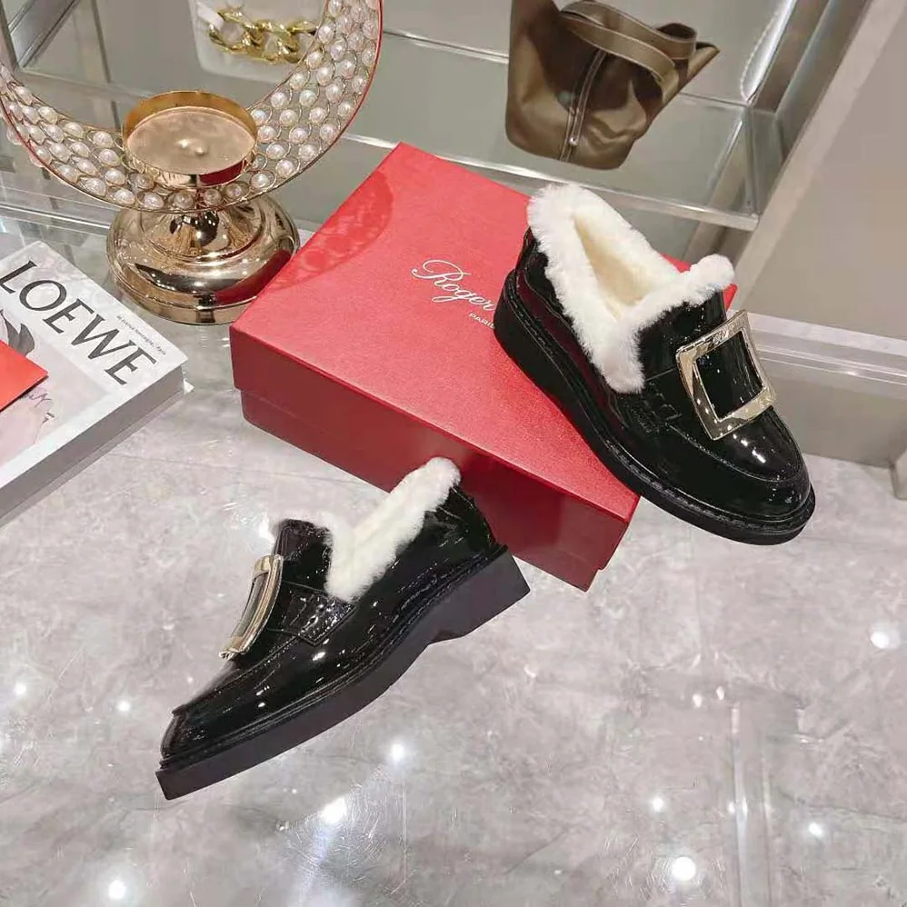 Roger Vivier Viv' Rangers Metal Buckle Fur Loafers in Patent Leather for Women Roger Vivier Viv' Rangers Metal Buckle Fur Loafers in Patent Leather for Women
