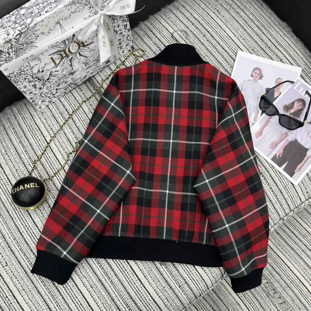 Dior Cannage Bomber Jacket with Vest Red, Gray and Black Check'n'Dior Virgin Wool for Women
