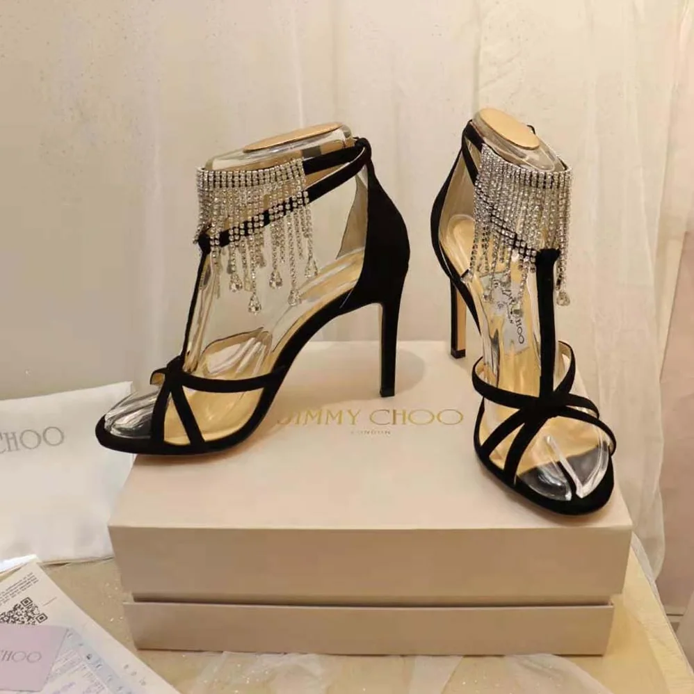 Jimmy Choo Bijou 100 Black Suede Sandals with Crystal Drape for Women