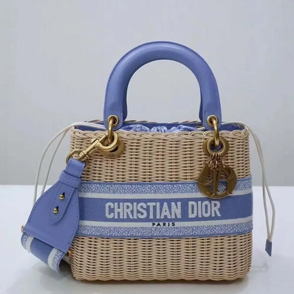 Dior Medium Lady Dior Bag Natural Wicker and Light Blue Dior Oblique Jacquard for Women