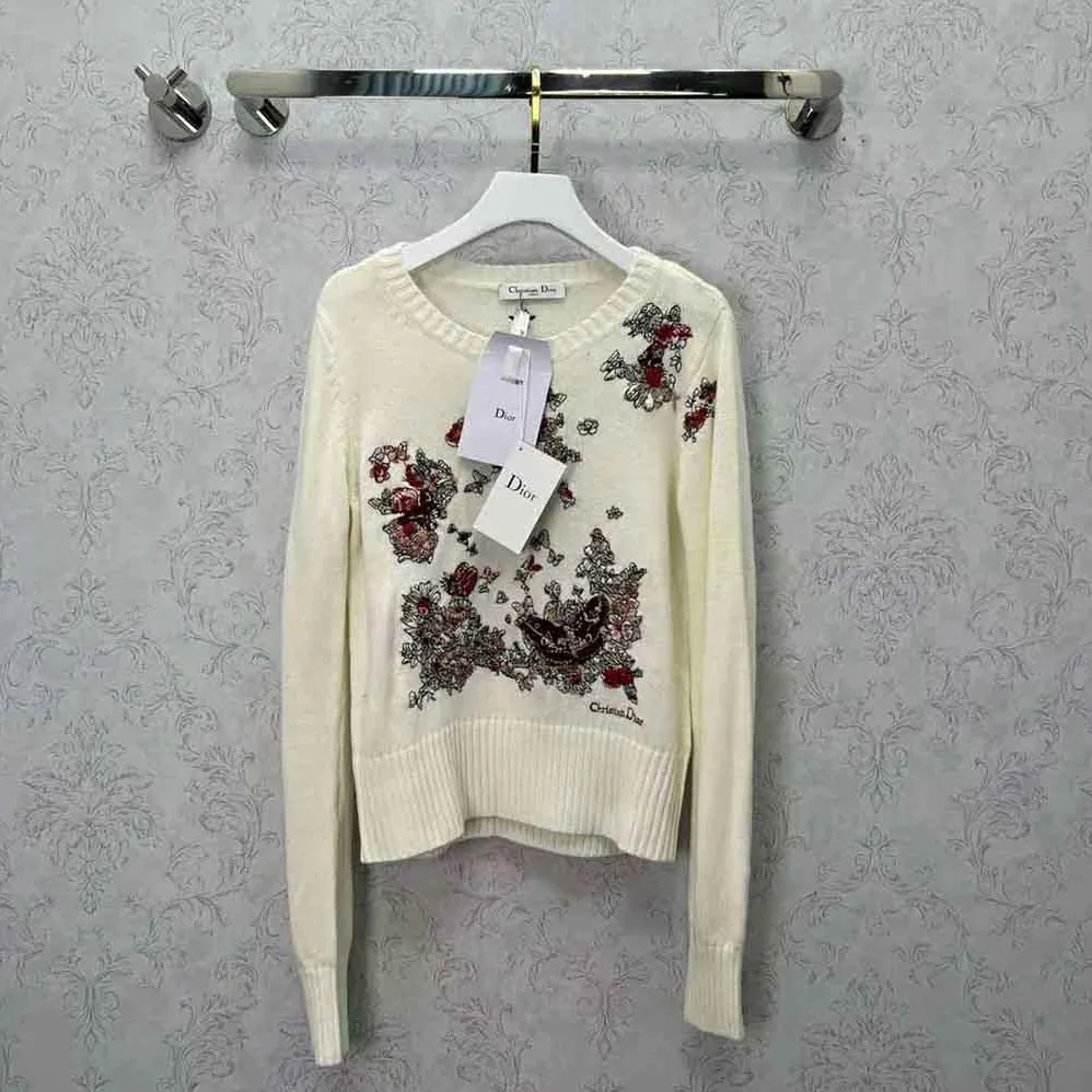Dior Sweater White Cashmere with Multicolor Butterfly Motif for Women