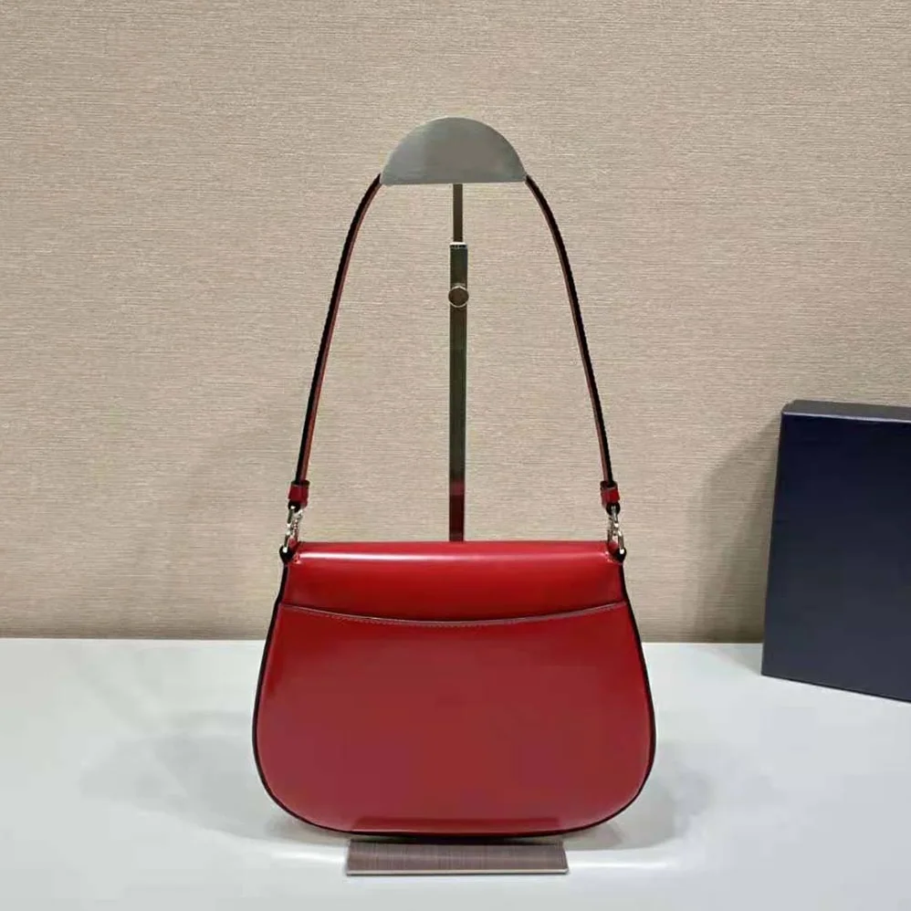 Prada Cleo Brushed Leather Shoulder Bag with Flap for Women in Red