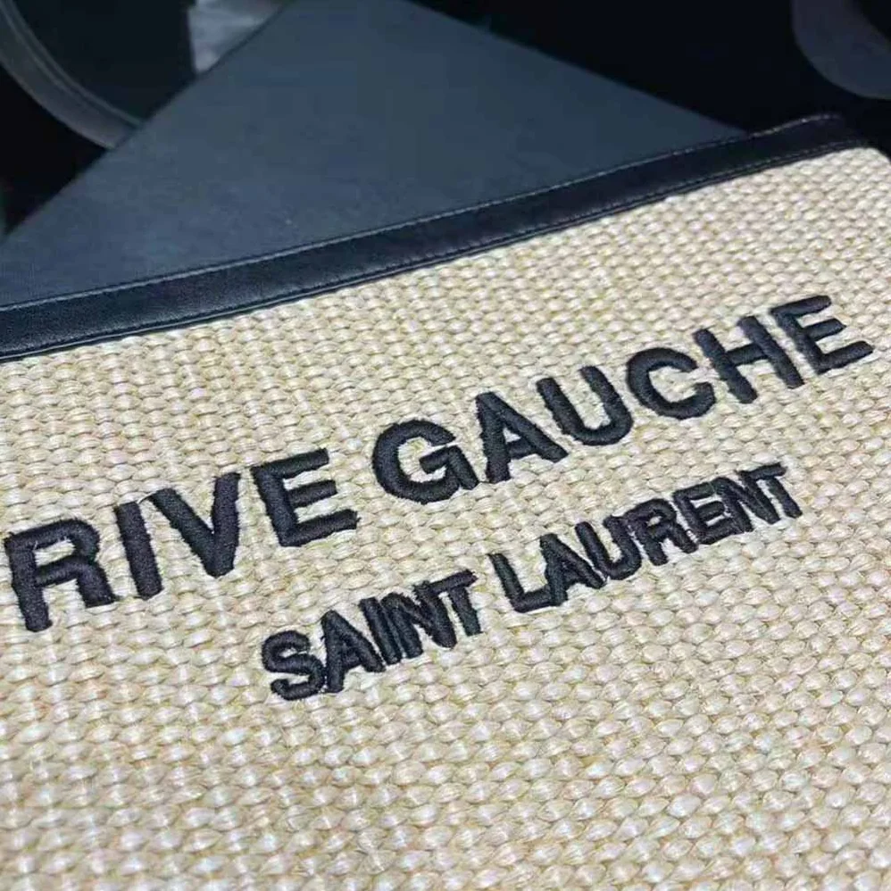 Saint Laurent YSL Rive Gauche Zippered Pouch in Embroidered Raffia and Leather for Women