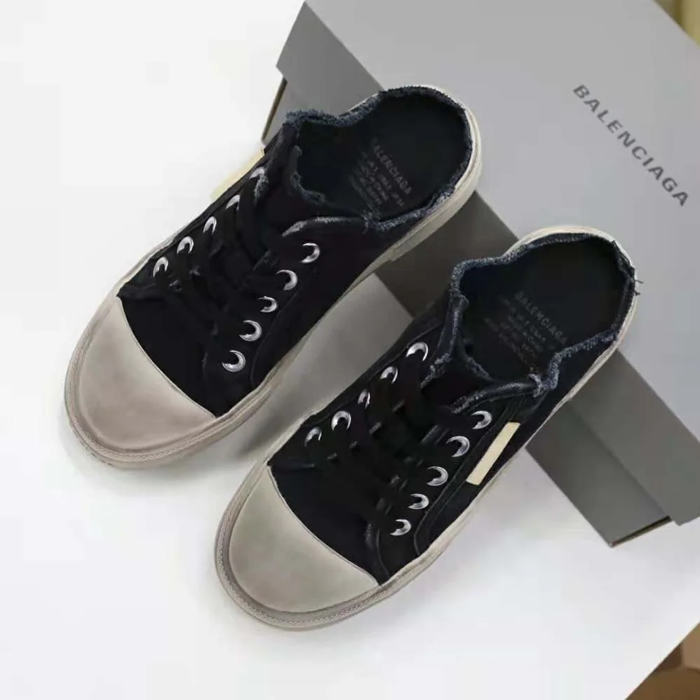 Balenciaga Paris Sneaker Mule in Black Destroyed Cotton and White Rubber for Unisex