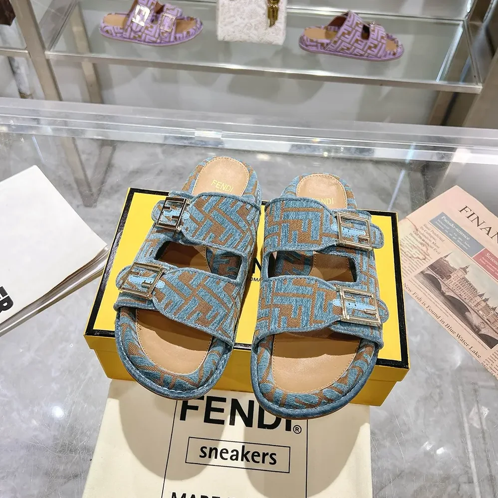 Fendi Feel Light Blue FF Jacquard Velvet Slides for Women
