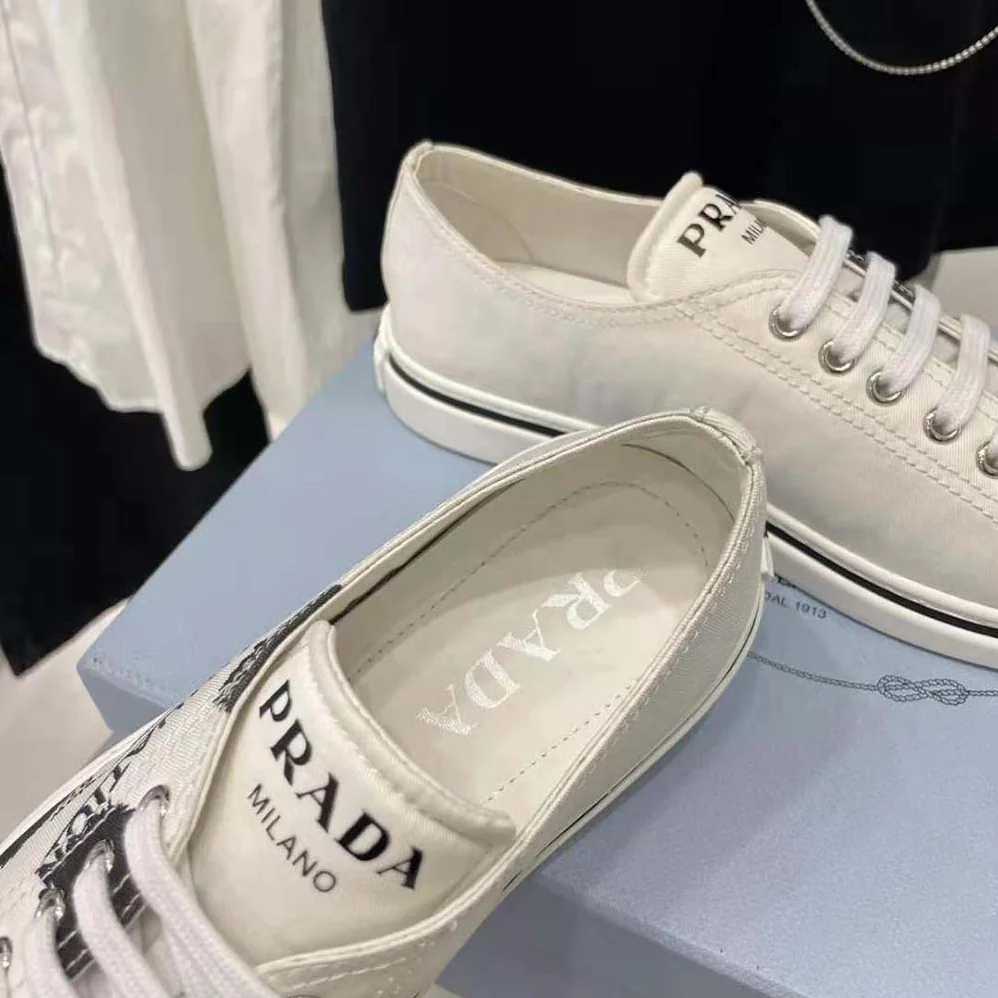 Prada Printed Cotton Gabardine Sneakers for Women in White Prada Printed Cotton Gabardine Sneakers for Women in White