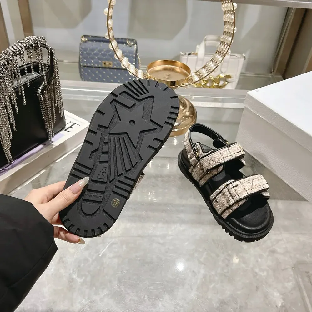Dior Dioract Sandal Beige and Black Cannage Tweed for Women