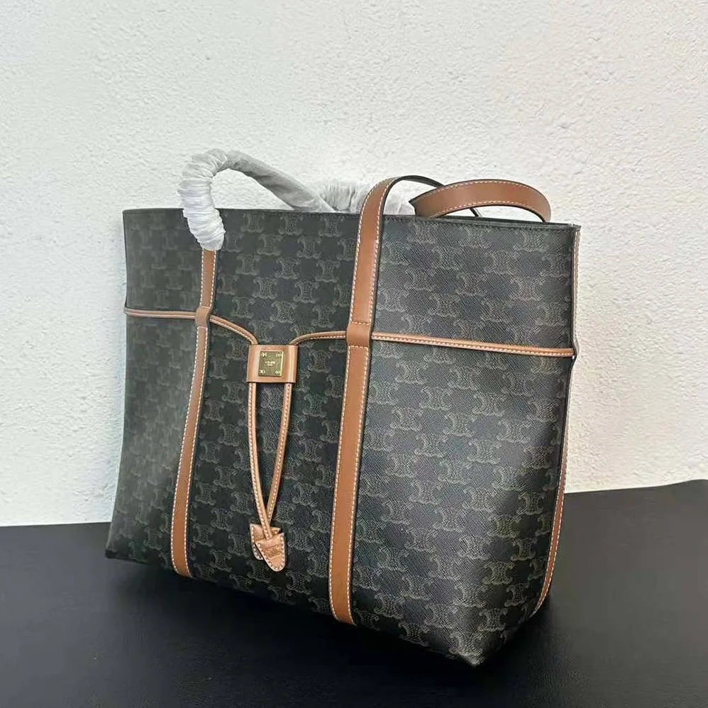 Celine Cabas Drawstring in Triomphe Canvas and Calfskin for Women in Brown