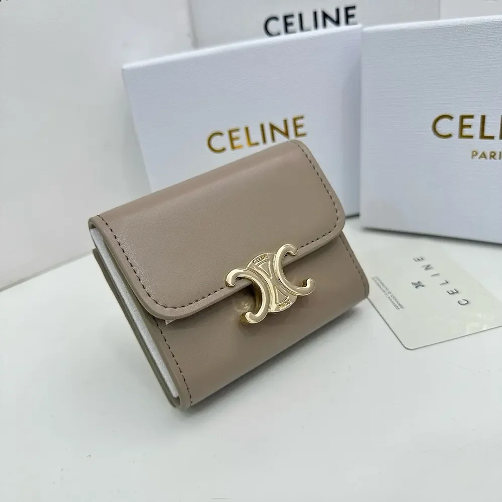 Celine Compact Wallet with Coin Triomphe in Shiny Calfskin for Women in Grey Celine Compact Wallet with Coin Triomphe in Shiny Calfskin for Women in Grey