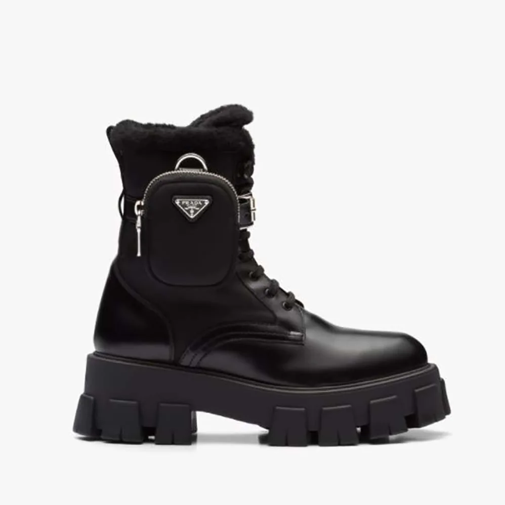 Prada Monolith Leather and Nylon Biker Boots for Women in Black