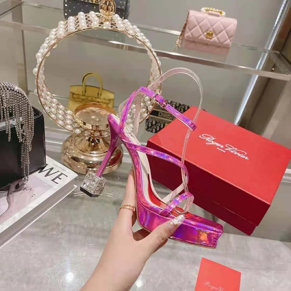 Roger Vivier Cube Strass Heel Sandals in Leather for Women in Purple Roger Vivier Cube Strass Heel Sandals in Leather for Women in Purple