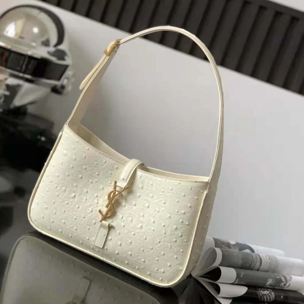 Saint Laurent YSL Le 5 A 7 Hobo Bag in Ostrich for Women in White