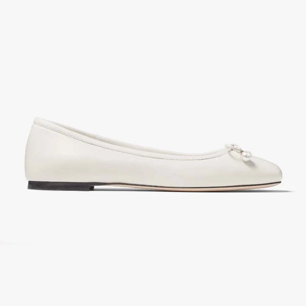 Jimmy Choo Elme Flat Latte Nappa Leather Flats with Pearl Embellishment for Women Jimmy Choo Elme Flat Latte Nappa Leather Flats with Pearl Embellishment for Women