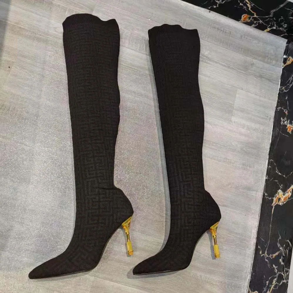 Balmain Moneta Mesh Thigh Boots with Monogram for Women in Black Balmain Moneta Mesh Thigh Boots with Monogram for Women in Black