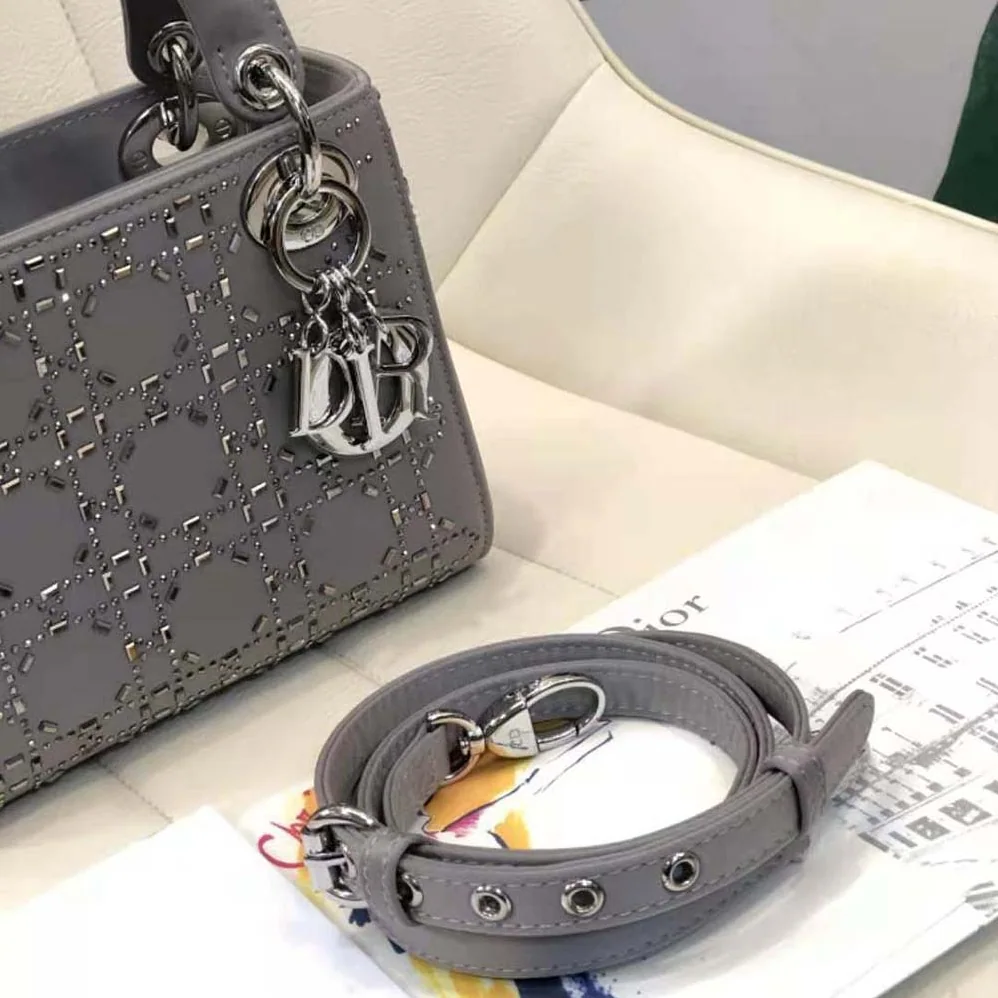Dior Mini Lady Dior Bag Gray Strass Cannage Satin for Women