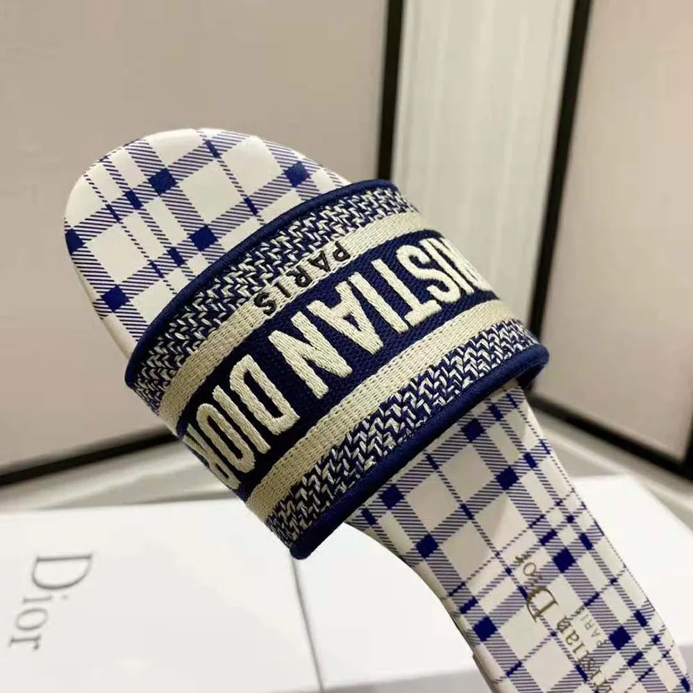 Dior Dway Slide French Blue Check n Dior Embroidered Cotton for Women Dior Dway Slide French Blue Check n Dior Embroidered Cotton for Women
