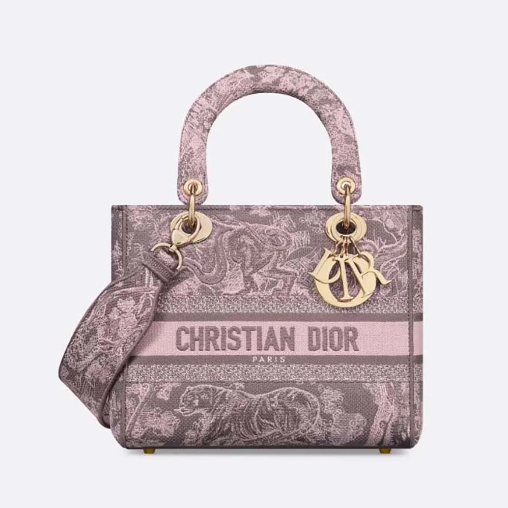 Dior Medium Lady D-lite Bag Gray and Pink Toile de Jouy Reverse Embroidery for Women Dior Medium Lady D-lite Bag Gray and Pink Toile de Jouy Reverse Embroidery for Women