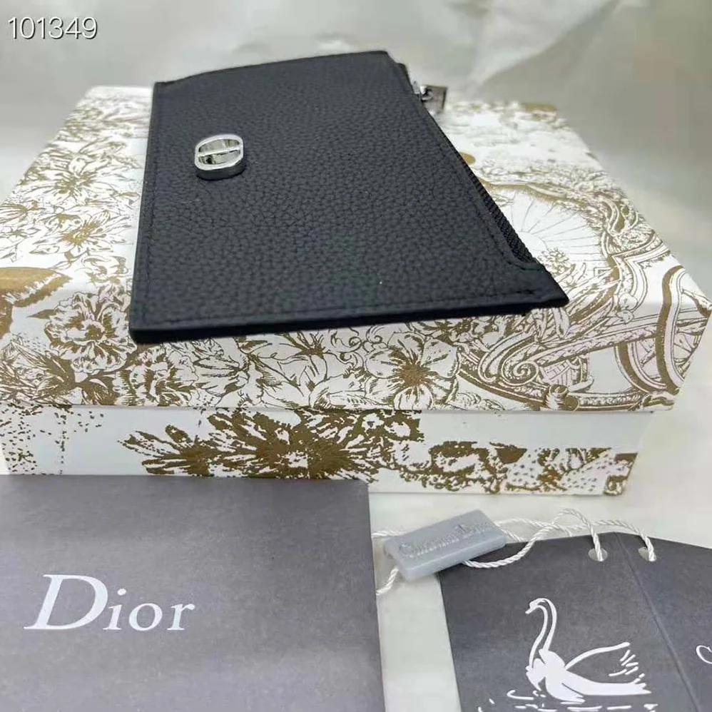 Dior Zipped Card Holder Black Grained Calfskin with CD Icon Signature for Men