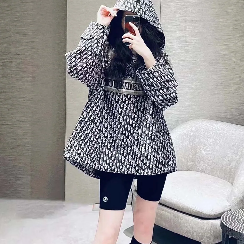Dior Hooded Anorak Blue and Ecru Technical Taffeta Jacquard with Dior Oblique Motif for Women