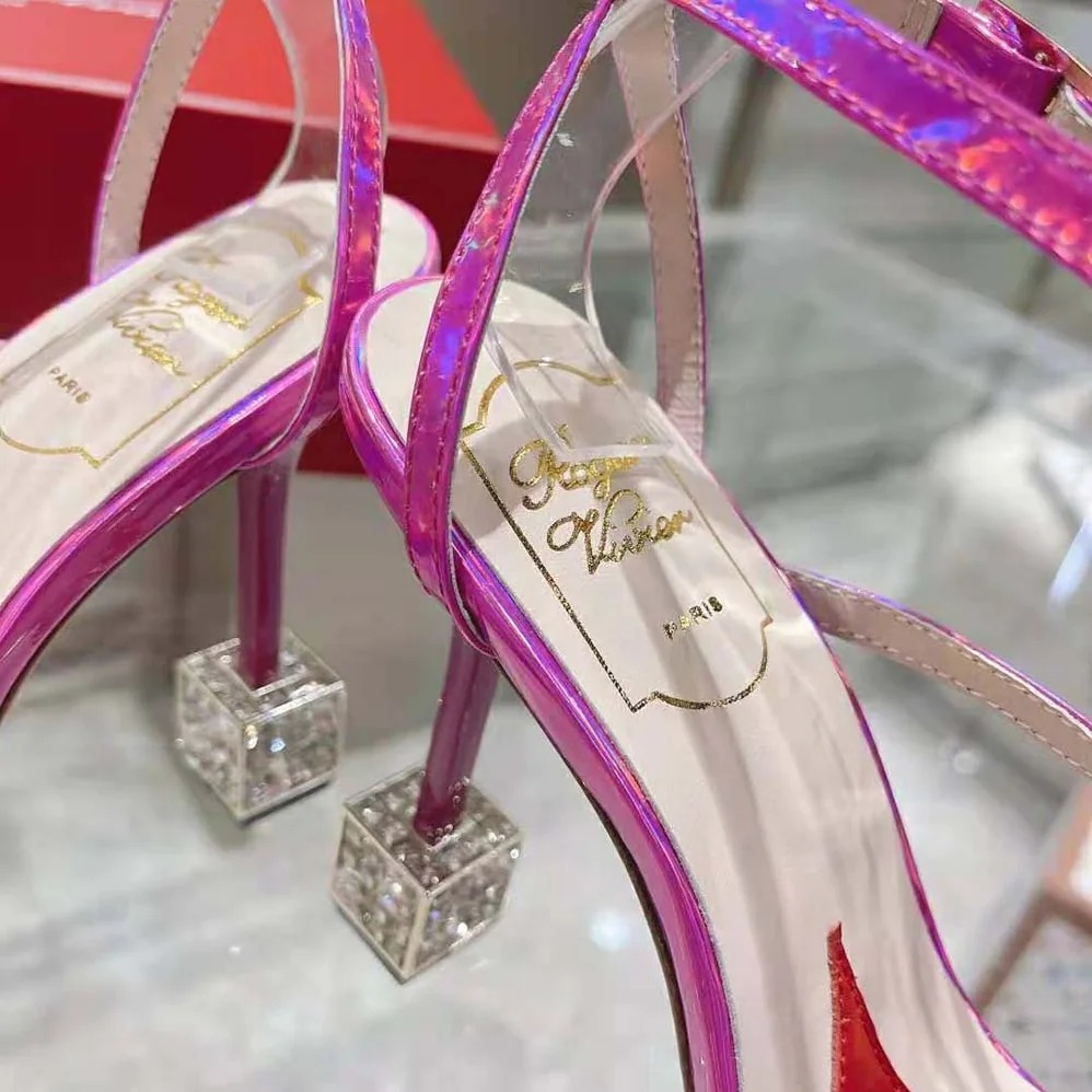 Roger Vivier Cube Strass Heel Sandals in Leather for Women in Purple Roger Vivier Cube Strass Heel Sandals in Leather for Women in Purple
