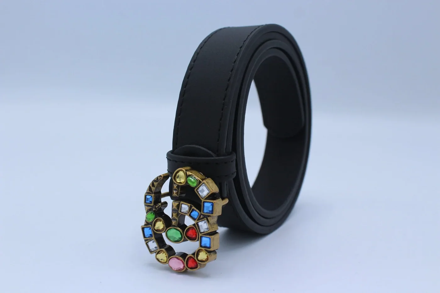 Leather belt with crystal Double G buckle