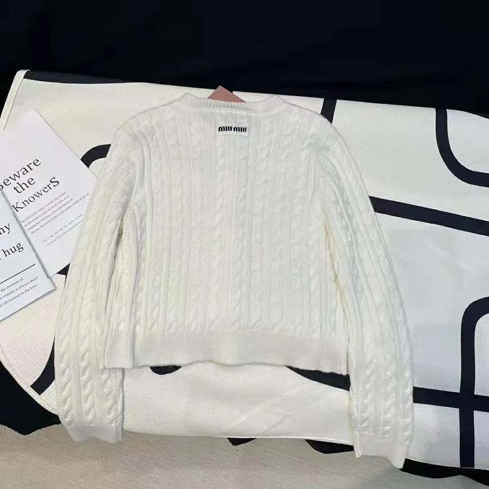 Miu Miu Cashmere Cardigan with Knit Logo Patch for Women Miu Miu Cashmere Cardigan with Knit Logo Patch for Women